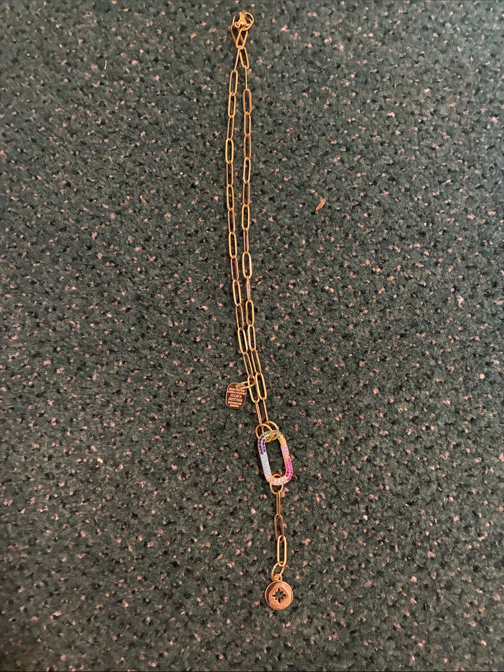 Ellie’s Button Gold-Link Necklace with Multicolor Pave Carabiner and Charm